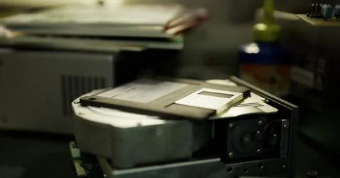 Old floppy disk placed on a classic hard drive in a tech workspace Stockillustratie