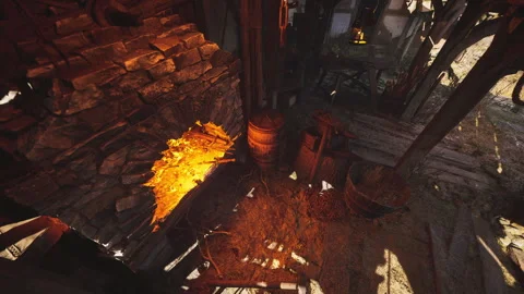 Old forge with glowing fire and tools in a rustic workshop Stock Footage 331420585
