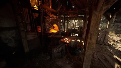 Old forge interior showcasing tools, fire, and rustic materials in a workshop Stock Footage 331420542