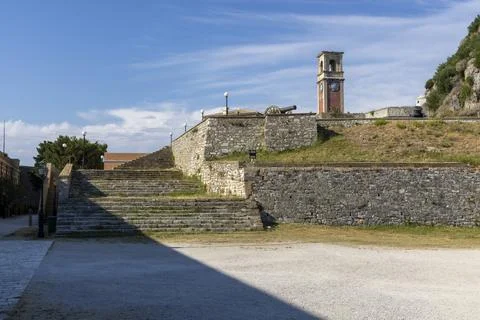 Old Fortress of Corfu clock tower and ancient walls Stock Photos