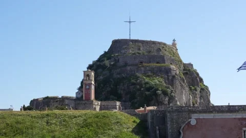 The Old Fortress of Corfu Greece Citadel. Wide View Clock Tower Ancient For.. Stock Footage 336594953