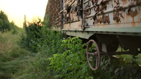Old freight train on railway track. Close up Video stock 158791793