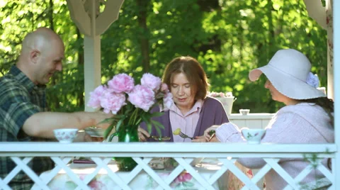 Old friends are eating dinner in a country garden gazebo Stock Footage 39733130