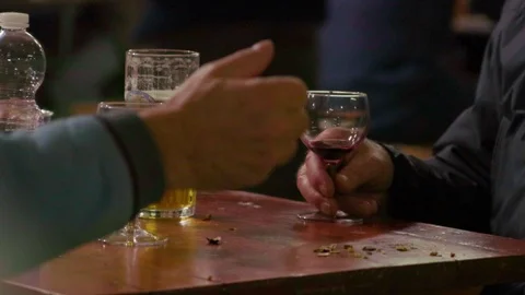 Old Friends Drinking Red Wine and Beer Talking. Hands Closeup Stock Footage 117351019