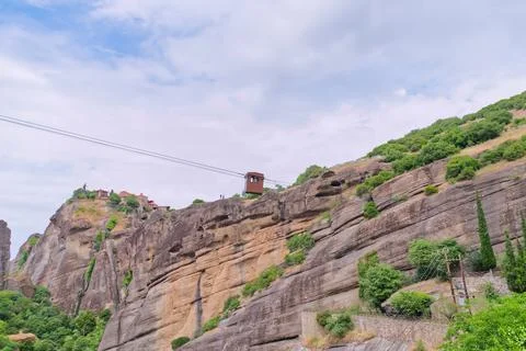 Old funicular in the monastery. Stone monastery in the mountains. Kalabaka Stock Photos