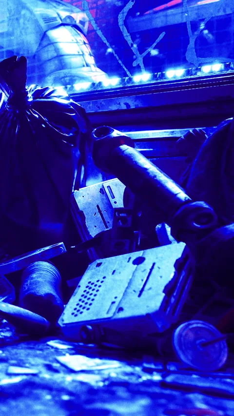 Old gadgets and trash in urban environment at night under blue light Stock Footage 331705751