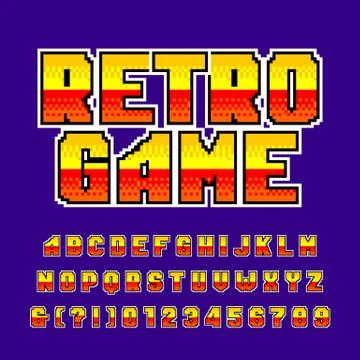 Old game alphabet font. Colorful pixel gradient letters and numbers. Stock Illustration