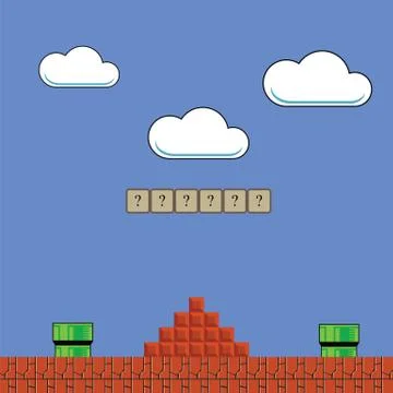 Old Game Background. Classic Retro Arcade Design with Green Pipe and Red Brick Stock Illustration