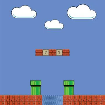 Old Game Background. Classic Retro Arcade Design with Green Pipe and Red Brick Illustrazione stock