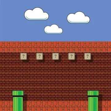 Old Game Background. Classic Retro Arcade Design with Green Pipe and Red Brick Stock Illustration