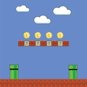 Old Game Background. Classic Retro Arcade Design with Green Pipe and Red Brick Stock Illustration
