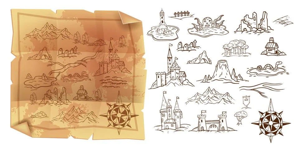 Old game map, vector vintage parchment illustration, travel doodle Stock Illustration