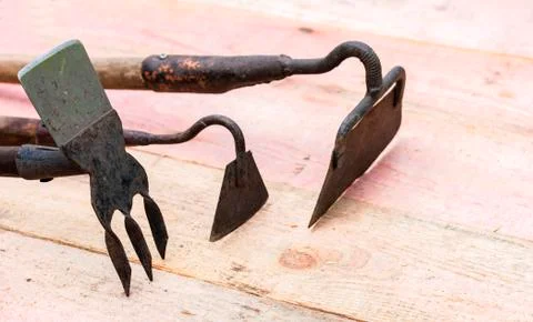Old garden tools concept, well used. Stock Photos