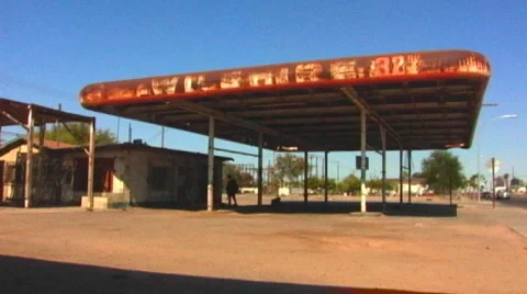 Old Gas Station In Desert Town Stock Footage