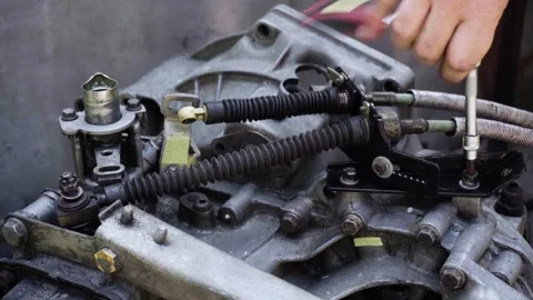 Old gear shift box from a front-wheel drive car Stock Footage 336733231