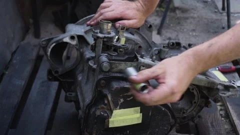 Old gear shift box from a front-wheel drive car Stock-Footage 336733755