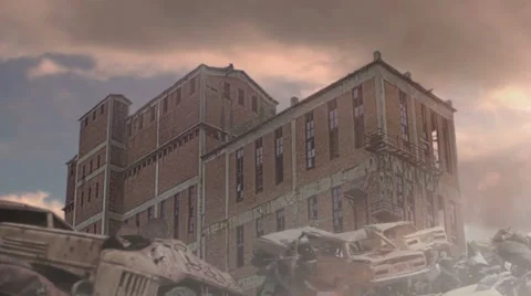 Old German plant, rusty armored vehicle and cars on the background of flying Stock Footage 67104941
