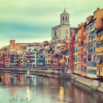Old Girona town, view on river Onyar Stock Photos