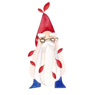 An old gnome in a red cap with red autumn leaves tangled in his beard. Stock Illustration