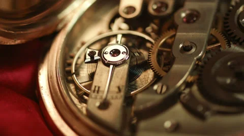 Old golden clock mechanism working, closeup shot with soft focus Stock Footage 34686324