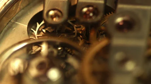 Old golden clock mechanism working, closeup shot with soft focus Stock Footage 34686610