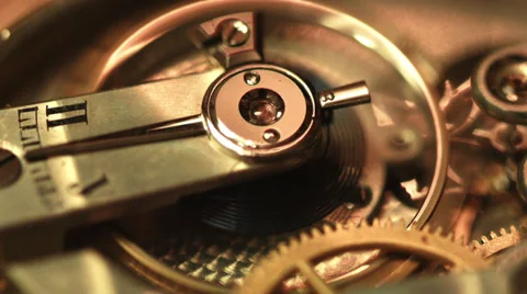 Old golden clock mechanism working, closeup shot with soft focus Stock Footage 34687802