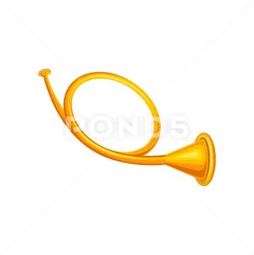 Old golden hunting horn trumpet. Concept of brass musical instrument. Decorative Stock Illustration
