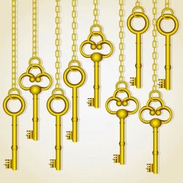Old golden keys dangling chain links Stock Illustration