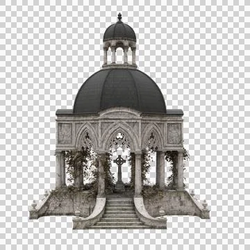 Old gothic building with grave stone in the centre. 3d rendering isolated. Stock Illustration
