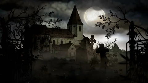 Old gothic cathedral with graves in the yard churchyard cemetery animation Stock-Footage 91816421
