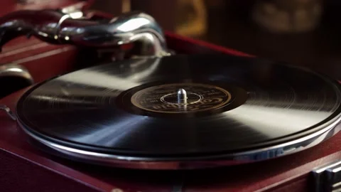 Old gramophone close-up. Outdated equipment. Stock Footage 165661975