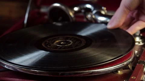 Old gramophone close-up. Outdated equipment. Stock Footage 165661980