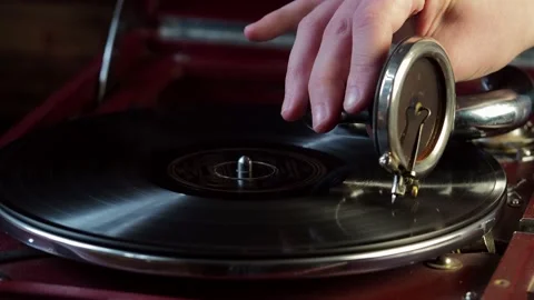 Old gramophone close-up. Outdated equipment. Stock Footage 165661985