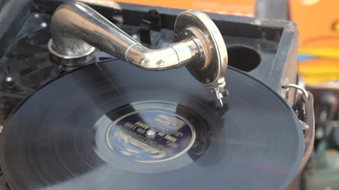 Old gramophone, phonograph, playing record on 78 rpm Stock Footage 169935878