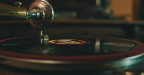 Old gramophone playing vinyl disc closeup. Stock Footage 56529747