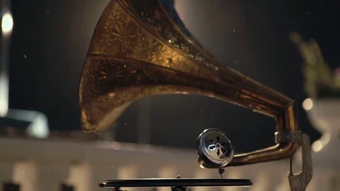 Old gramophone playing vinyl disc closeup Stock Footage 74064145