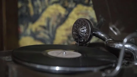 An old gramophone plays a record close-up. Vintage stuff. Stock Footage 115850030