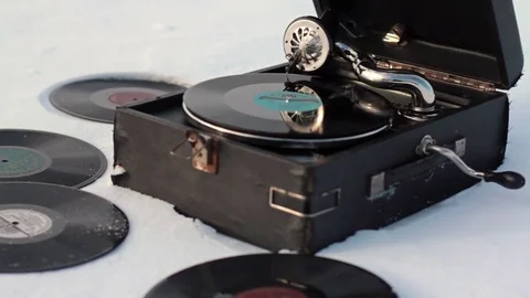 Old Gramophone Record Playing in the snow Stock Footage 71399218