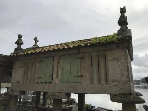 Old granaries found in combarro Stock Photos