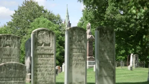 Old graveyard - pull from church steeple to stones Stockbeeldmateriaal 76660900