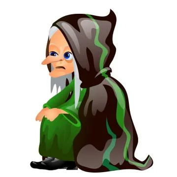 Old gray-haired witch in a black and green cloak isolated on white background Stock Illustration