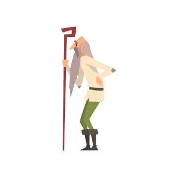 Old Gray Man in Medieval Clothes with Wooden Stuff Vector Illustration Stock Illustration