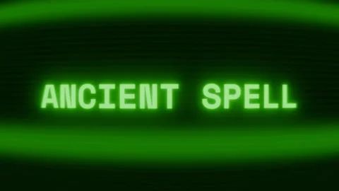 Old green CRT screen showing text ANCIENT SPELL appearing in random glitch and Stock Footage 318280805