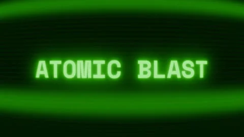 Old green CRT screen showing text ATOMIC BLAST appearing in random glitch and Stock Footage 318281132