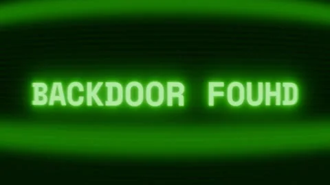 Old green CRT screen showing text BACKDOOR FOUND appearing in random glitch and Stock Footage 318281329