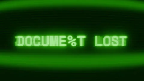 Old green CRT screen showing text DOCUMENT LOST appearing in random glitch and Stock Footage 318287130