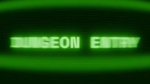 Old green CRT screen showing text DUNGEON ENTRY appearing in random glitch and Stock Footage 318287423