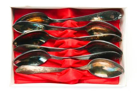 Old group of teaspoons in box Stock Photos