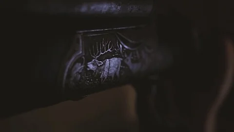 Old gun close. Beautiful pattern with deer. Stock Footage 72497903