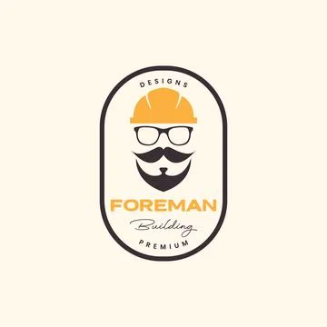 Old guy face foreman building mustache bearded helmet badge vintage logo de.. Stock Illustration